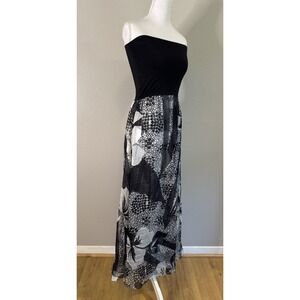 Marie France Van Damme 100% Silk Strapless Maxi Dress Cover Up Black White 0